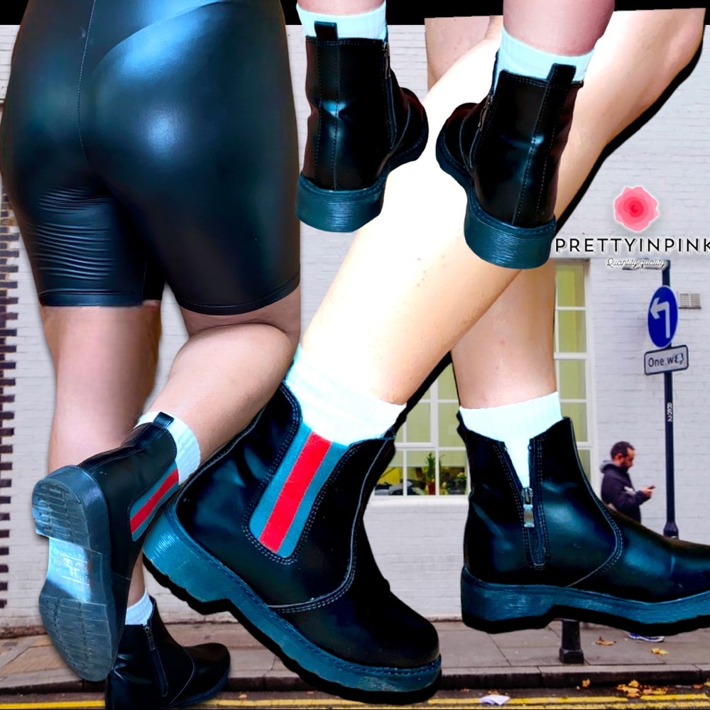 TRENDING BLACK ANKLE BLACK BOOTS WITH GREEN AND RED STRIPES